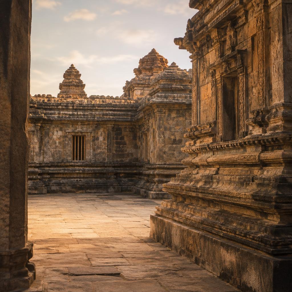 Ancient stone temple courtyard in soft morning light