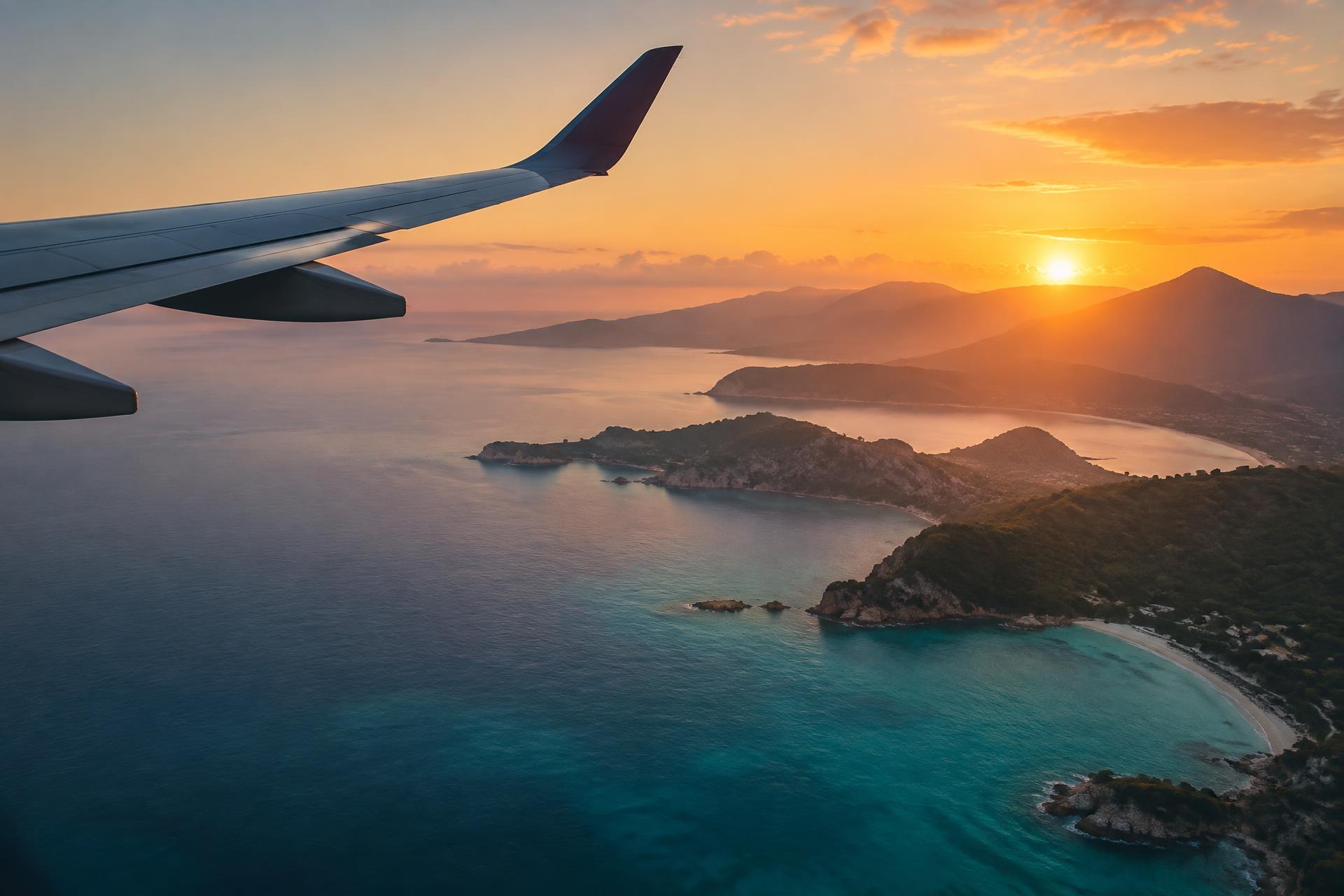 View from an aircraft window of a turquoise coastline at sunset